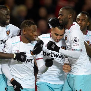 Diafra Sakho celebrates his goal at Manchester United