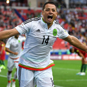 Javier Hernandez celebrates scoring for Mexico