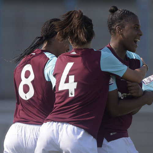 West Ham United Ladies celebrate a goal scored against Cardiff City