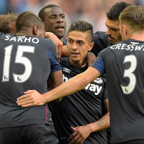 West Ham players celebrate scoring at Manchester City