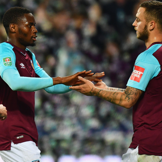 Diafra Sakho celebrates his goal with Marko Arnautovic