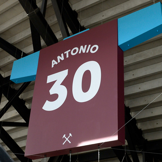 Michail Antonio's giant shirt on display in the concourse
