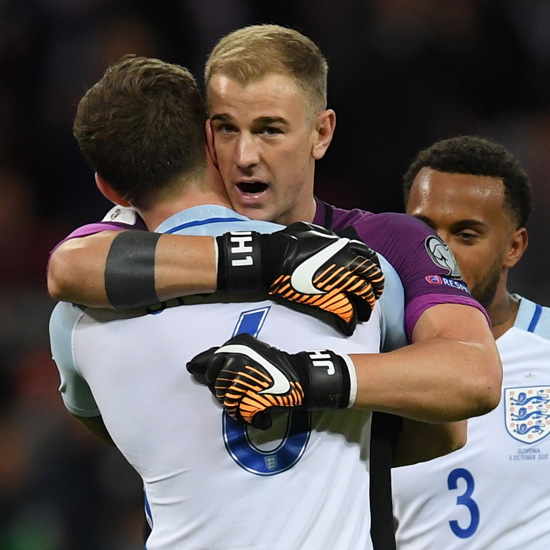 Joe Hart celebrates in an England shirt