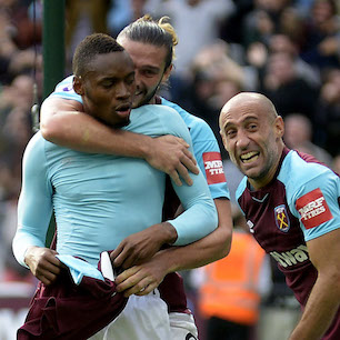 Diafra Sakho celebrates after scoring against Swansea