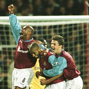 Trevor Sinclair, Frederic Kanoute and Michael Carrick celebrate victory over Chelsea in October 2001