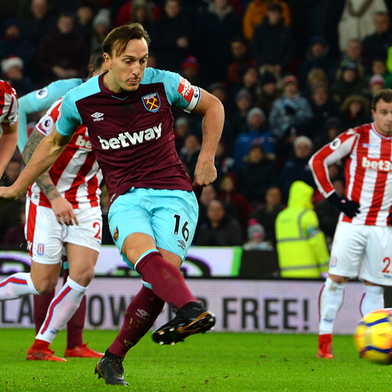 Mark Noble scores from the spot at Stoke