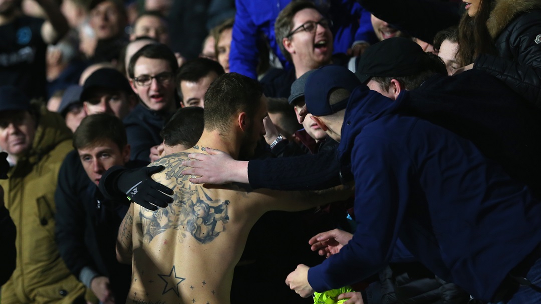 Marko Arnautovic salutes the fans at Huddersfield Town