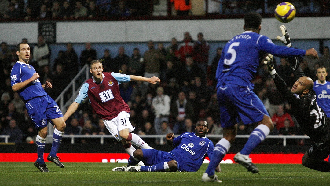 Jack Collison scores his first West Ham United goal against Everton