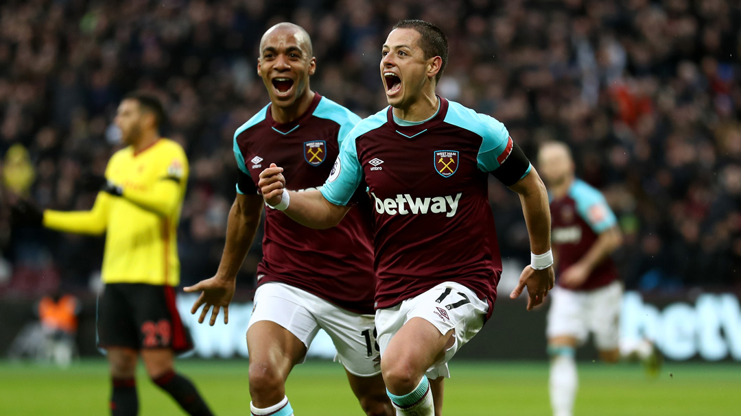 Chicharito celebrates his goal against Watford