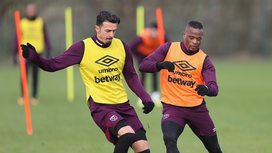 Jose Fonte and Patrice Evra in training at Rush Green