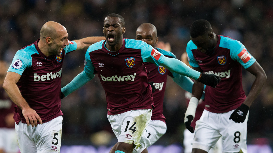 Pedro Obiang celebrates his goal at Tottenham Hotspur