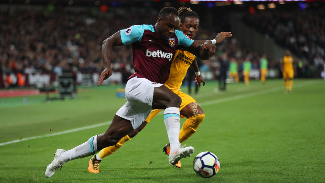 Michail Antonio in action against Brighton & Hove Albion's Gaetan Bong