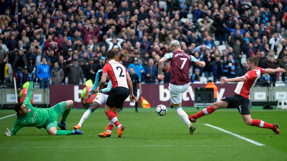 Marko Arnautovic scores his first goal against Southampton