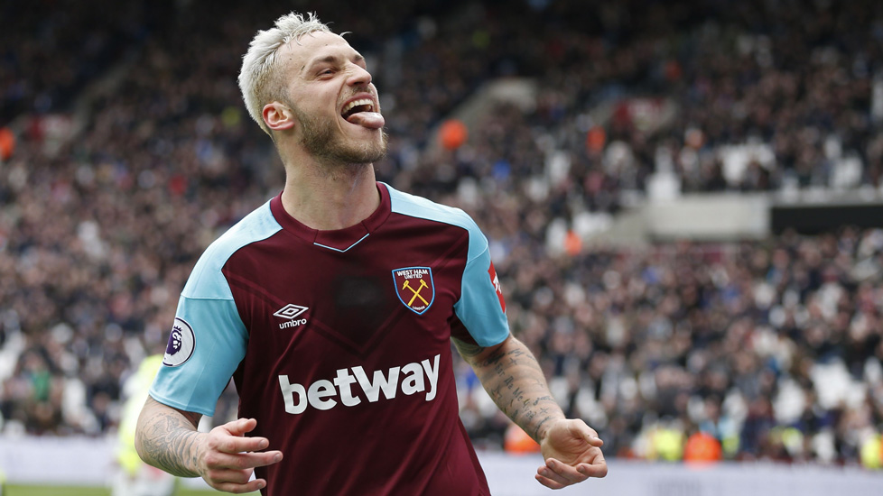 Marko Arnautovic celebrates scoring his second goal against Southampton