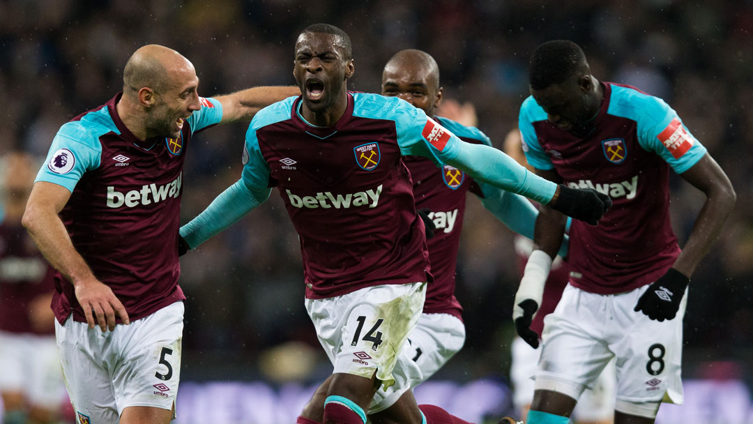 Pedro Obiang celebrates his goal against Tottenham Hotspur