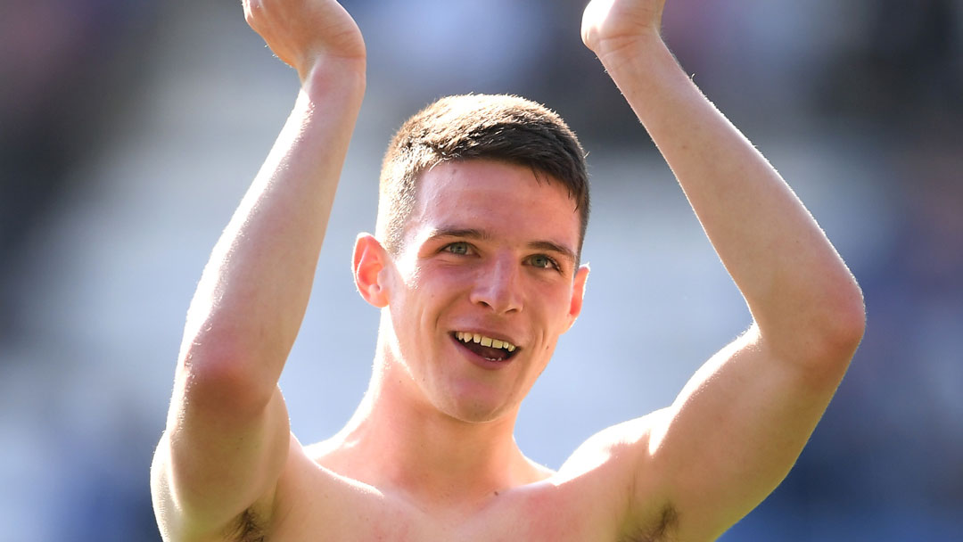 Declan Rice applauds the supporters at Leicester City