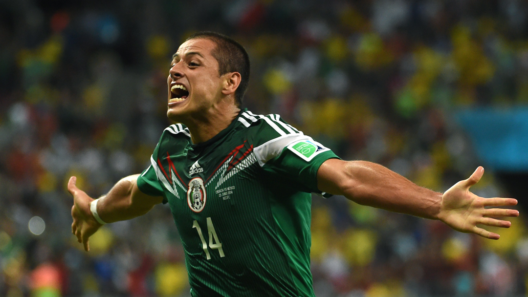 Chicharito celebrates scoring at the 2014 FIFA World Cup finals