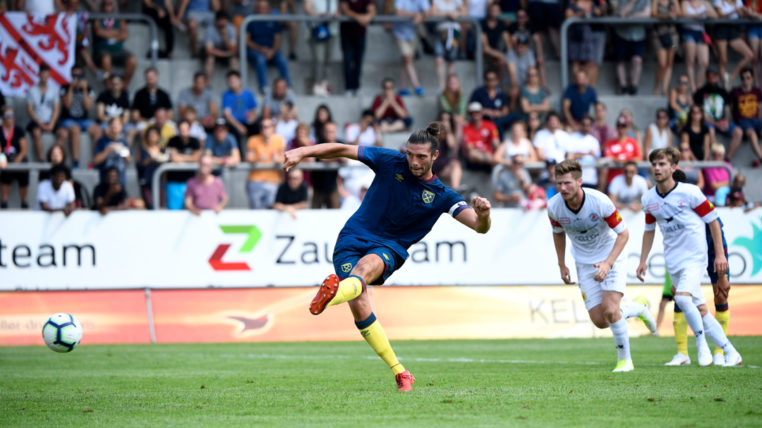 Andy Carroll takes a penalty in Winterthur