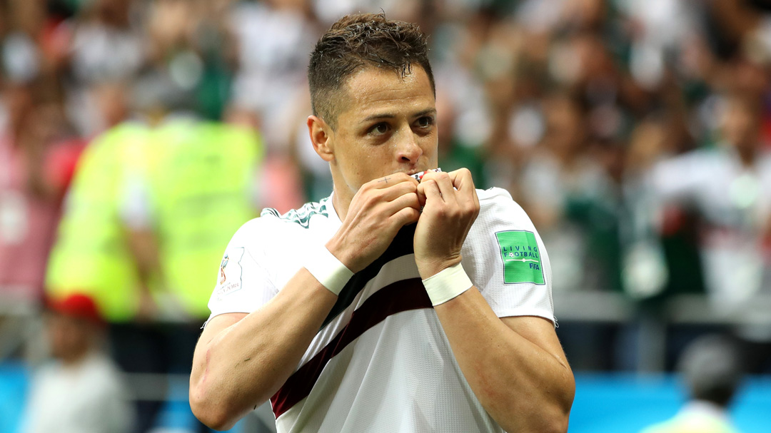 Chicharito celebrates scoring for Mexico at the 2018 FIFA World Cup