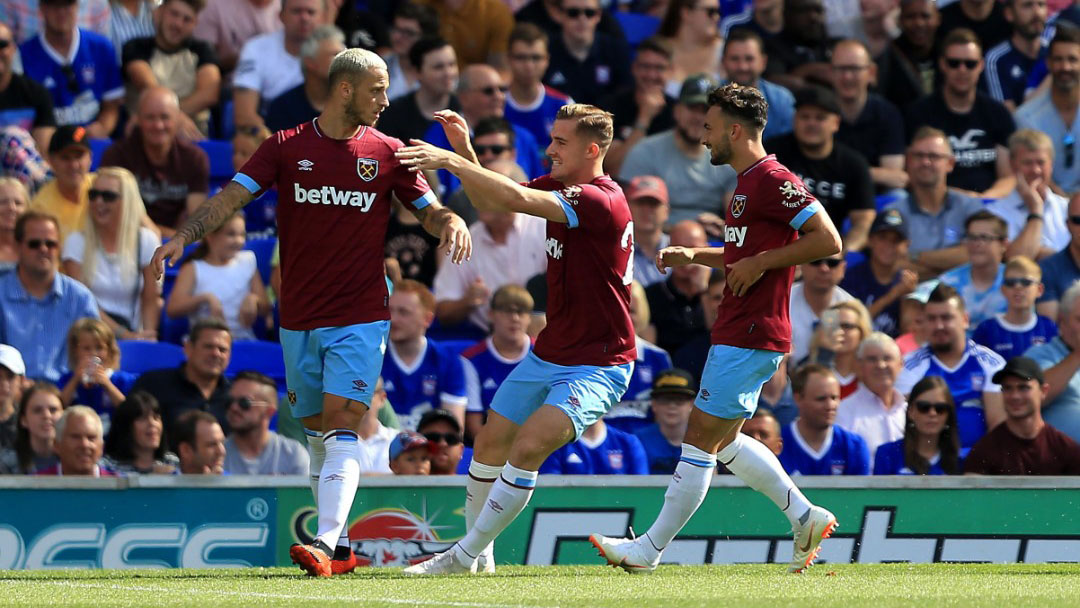 Marko Arnautovic celebrates scoring the winner at Ipswich Town