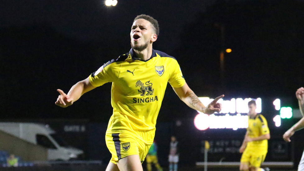 Marcus Browne celebrates scoring for Oxford against Accrington