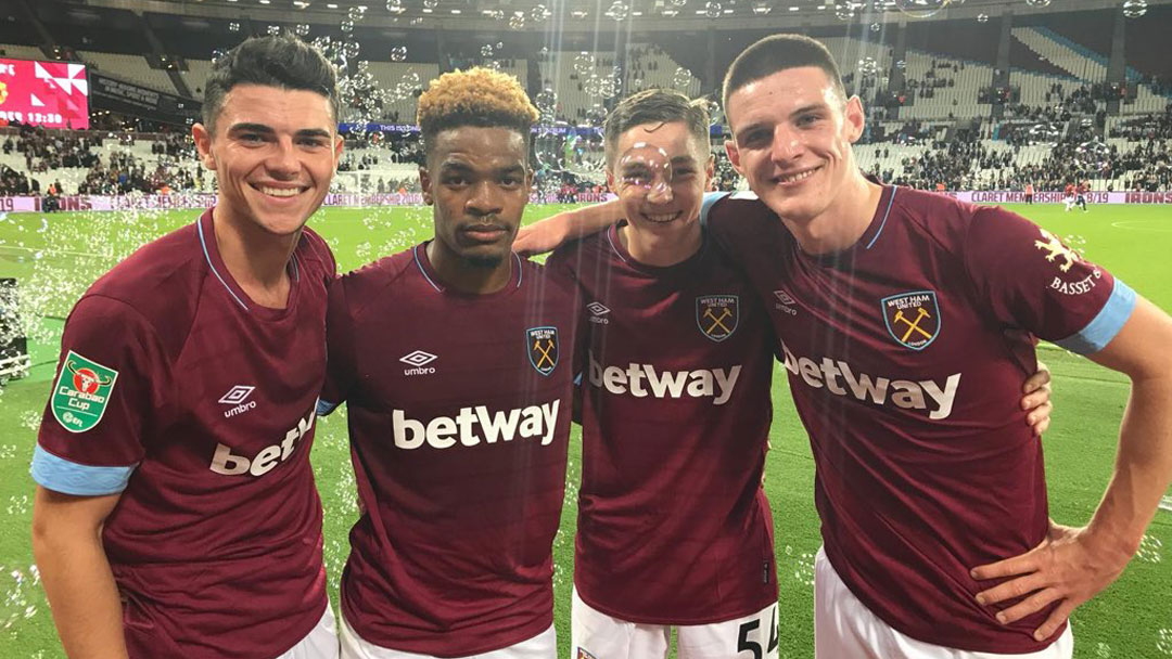 Joe Powell, Grady Diangana, Conor Coventry and Declan Rice after the 8-0 win over Macclesfield Town