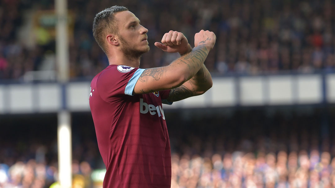 Marko Arnautovic celebrates scoring against Everton