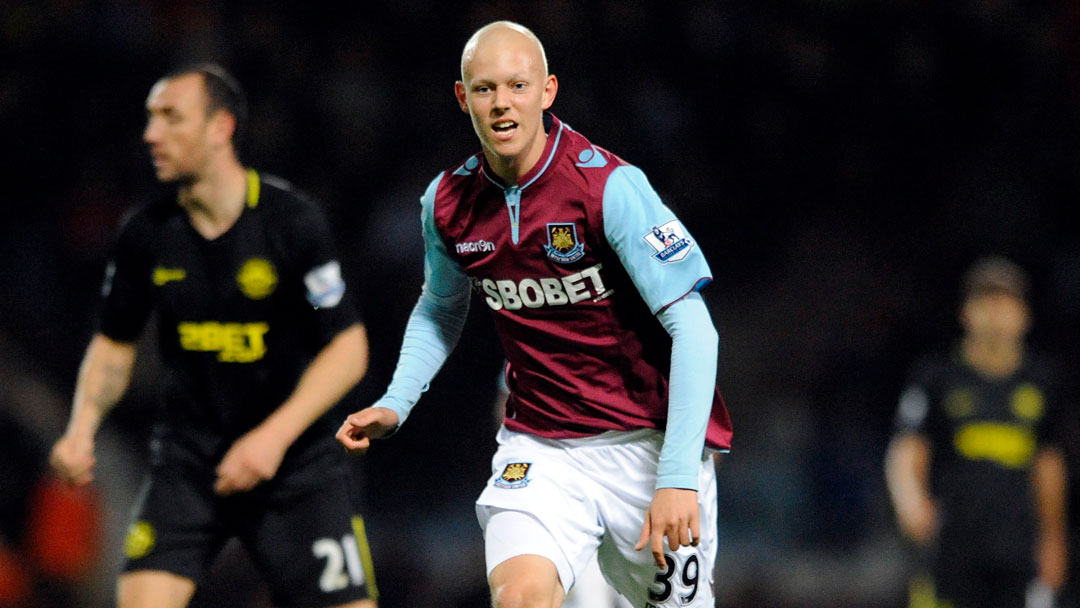 Dylan Tombides in action against Wigan Athletic on his Hammers debut