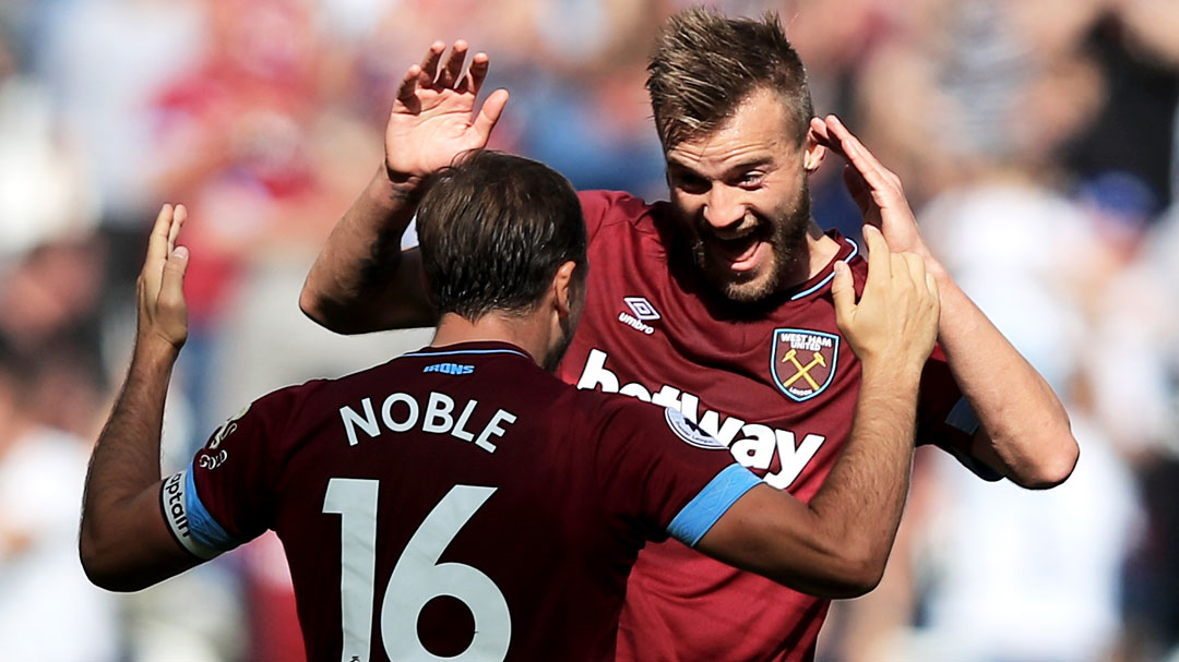 Mark Noble and Andriy Yarmolenko celebrate West Ham United's second goal