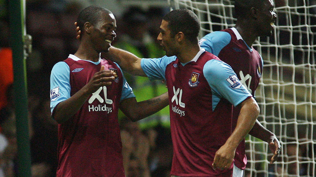 Zavon Hines celebrates scoring against Macclesfield Town in August 2008