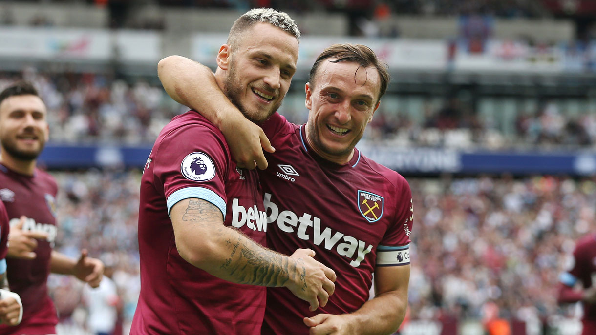 Marko Arnautovic and Mark Noble celebrate the Austrian's goal against AFC Bournemouth