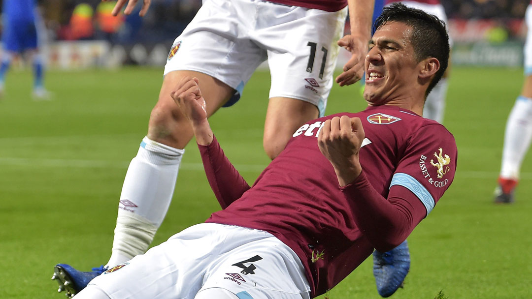 Fabian Balbuena celebrates scoring at Leicester City