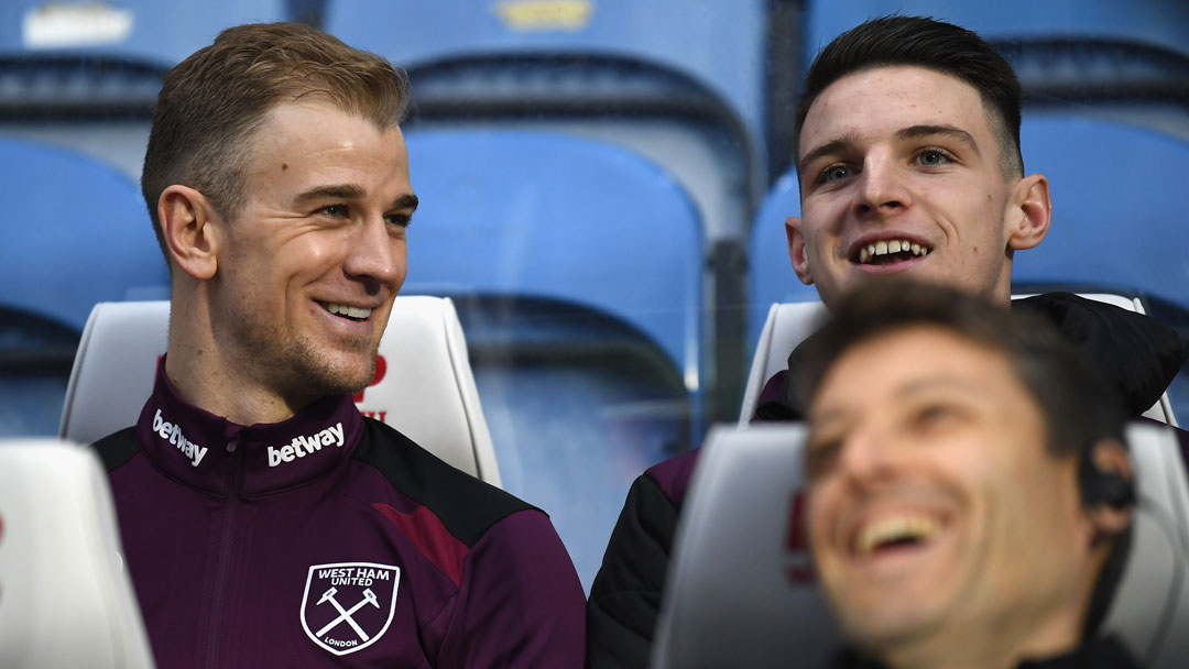 Joe Hart and Declan Rice share a joke