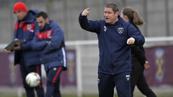 Matt Beard gesticulates as West Ham take on Bristol City Women