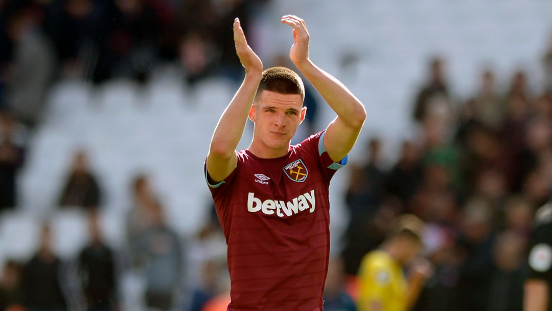 Declan Rice applauds the West Ham supporters