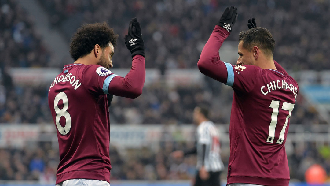 Felipe Anderson celebrates scoring at Newcastle United with Chicharito