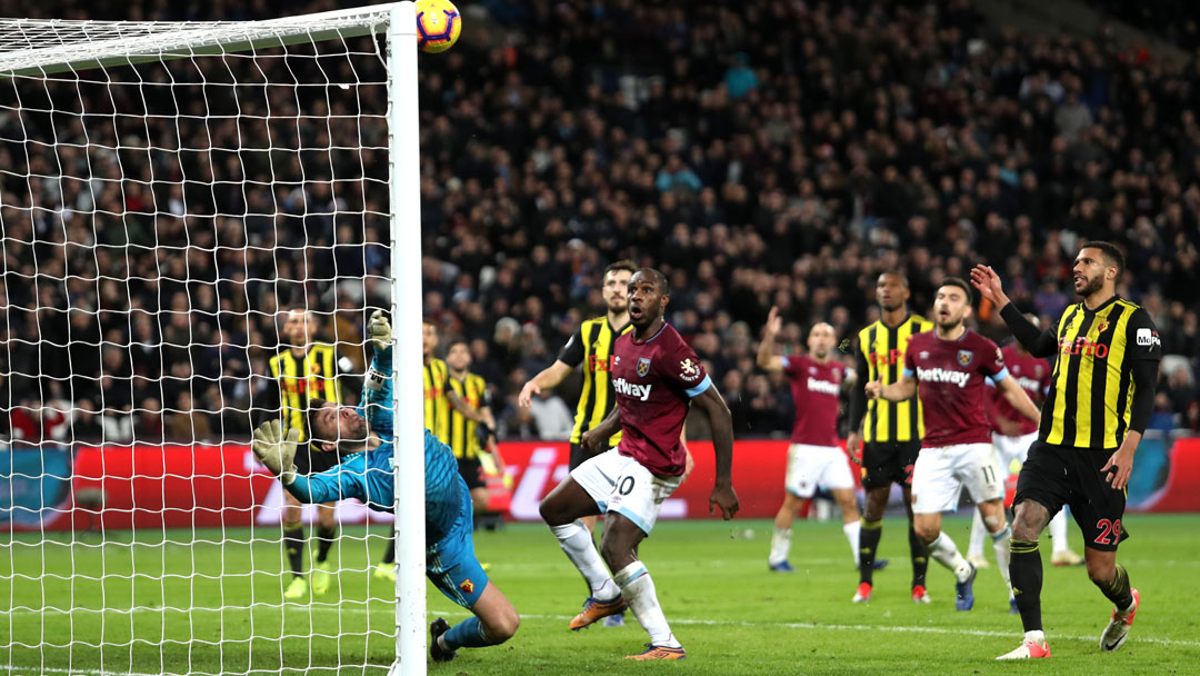 Michail Antonio heads against the Watford crossbar