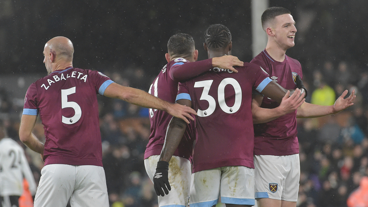 Declan Rice celebrates Michail Antonio's goal vs Fulham