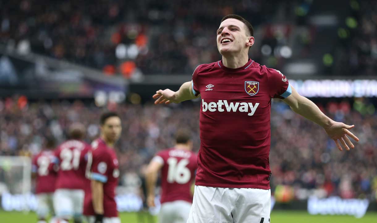 Declan Rice celebrates against Arsenal