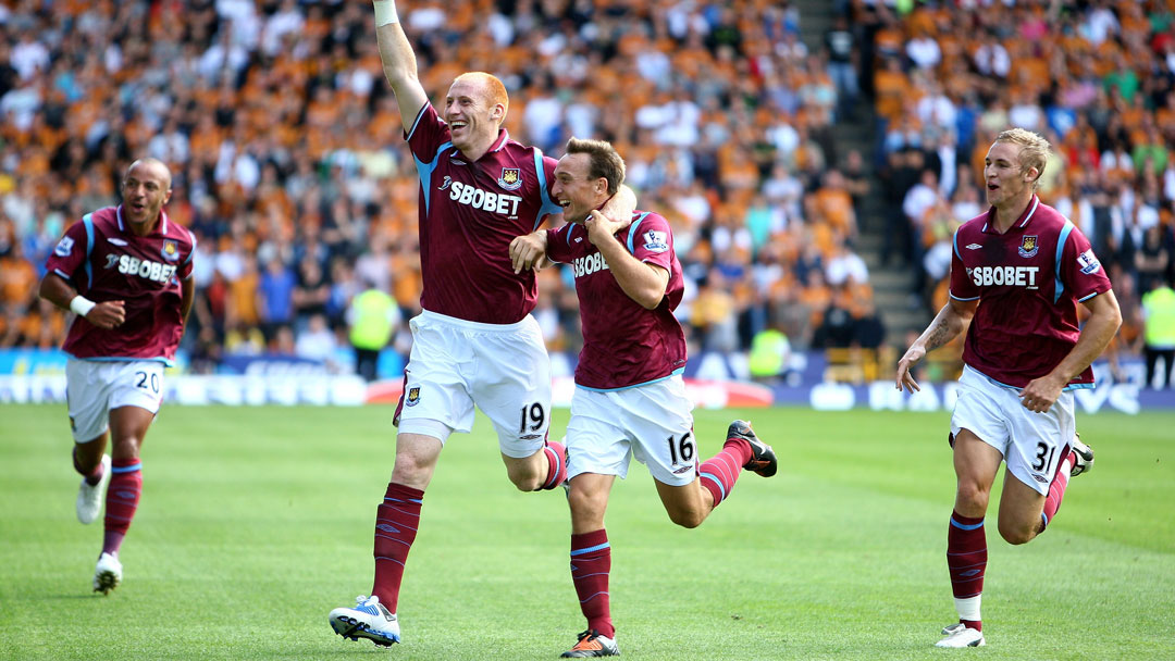 Mark Noble  celebrates scoring at Molineux in August 2009