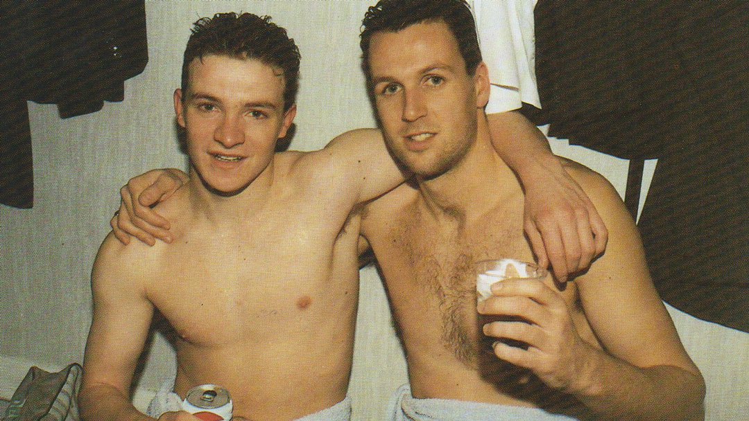 Stuart Slater and Colin Foster celebrate victory over Everton in 1991