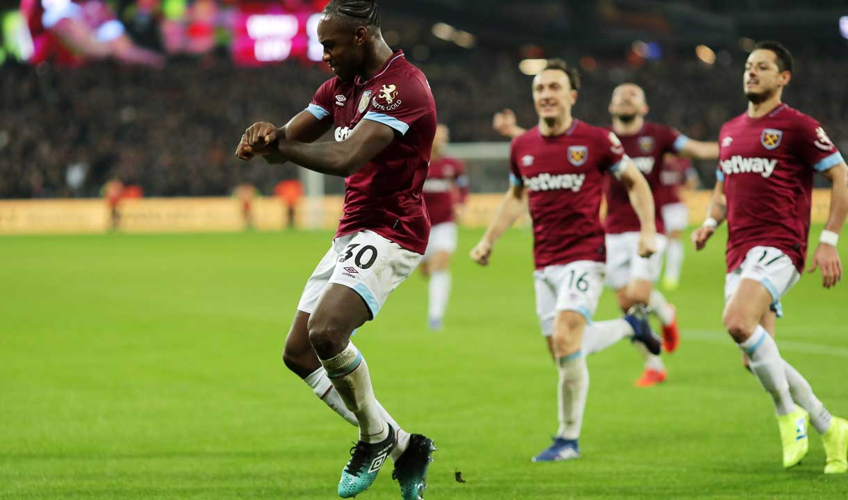 Michail Antonio celebrates scoring against Liverpool