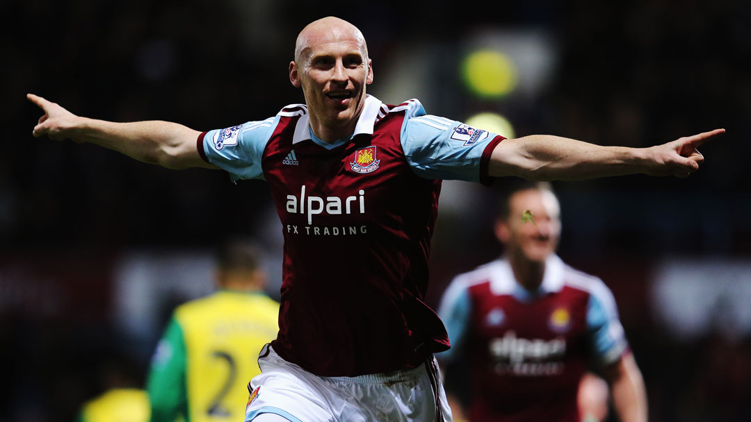 James Collins celebrates scoring against Norwich City in February 2014