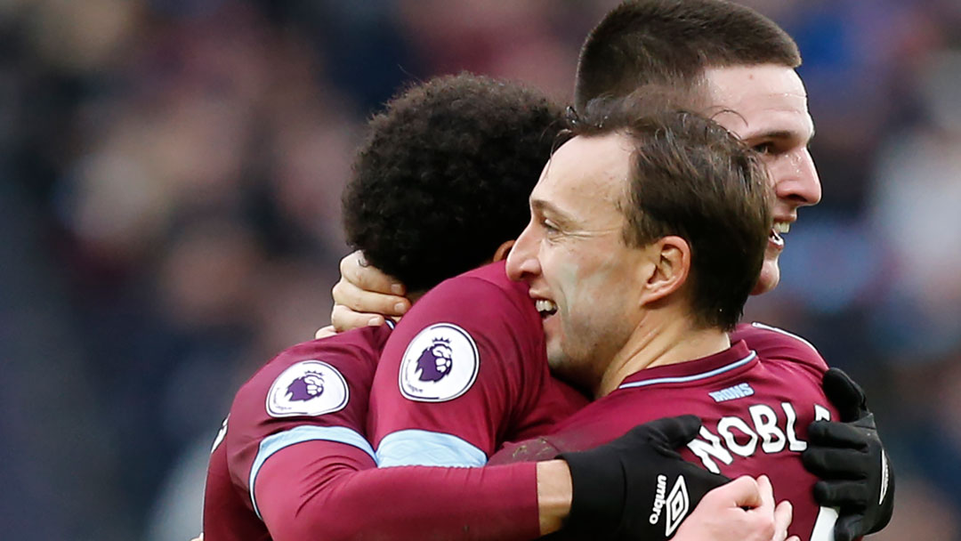 Mark Noble celebrates Declan Rice's goal against Arsenal