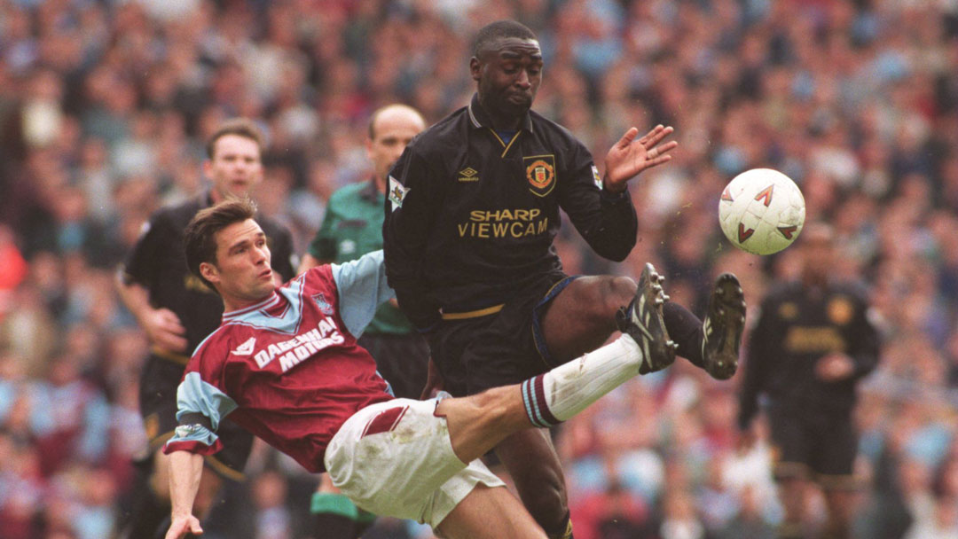 Steve Potts tussles with Manchester United's Andy Cole