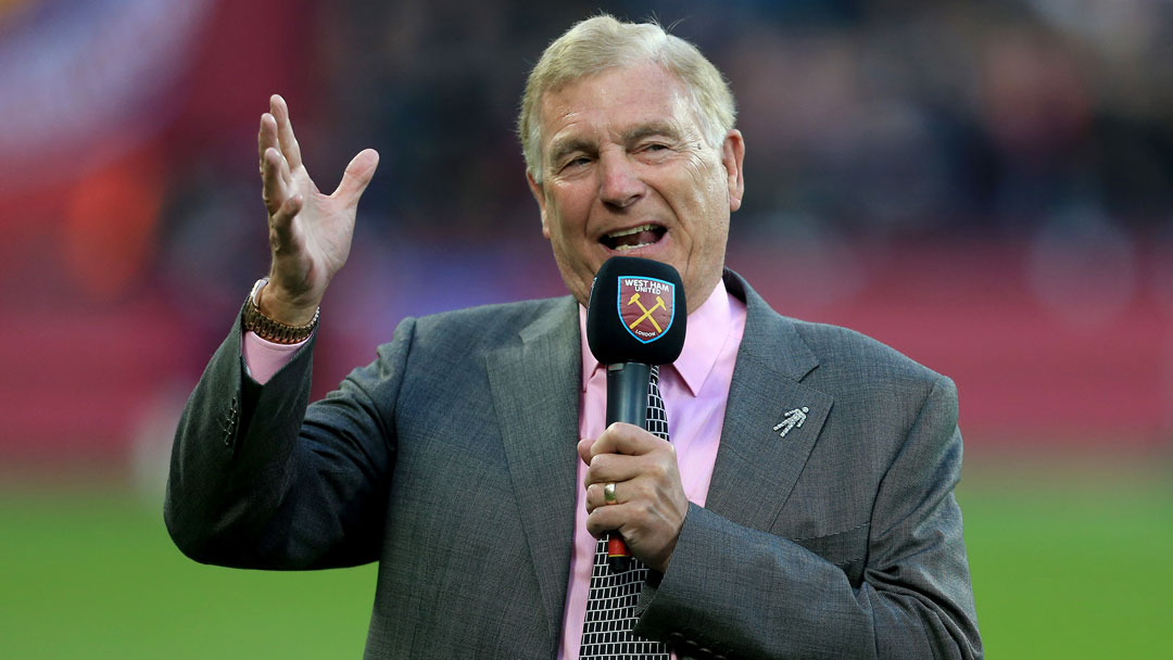 Sir Trevor Brooking speaks to the crowd at London Stadium