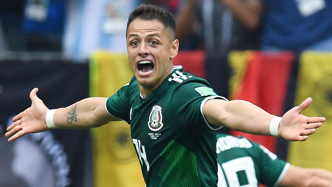 Chicharito celebrates scoring for Mexico at the 2018 FIFA World Cup finals