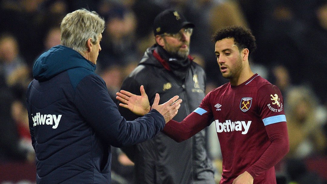 Manuel Pellegrini shakes hands with Felipe Anderson