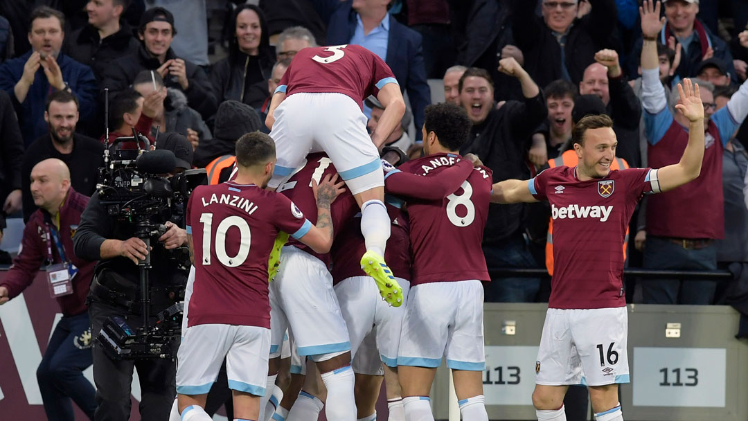 West Ham United players celebrate Declan Rice's goal against Newcastle United