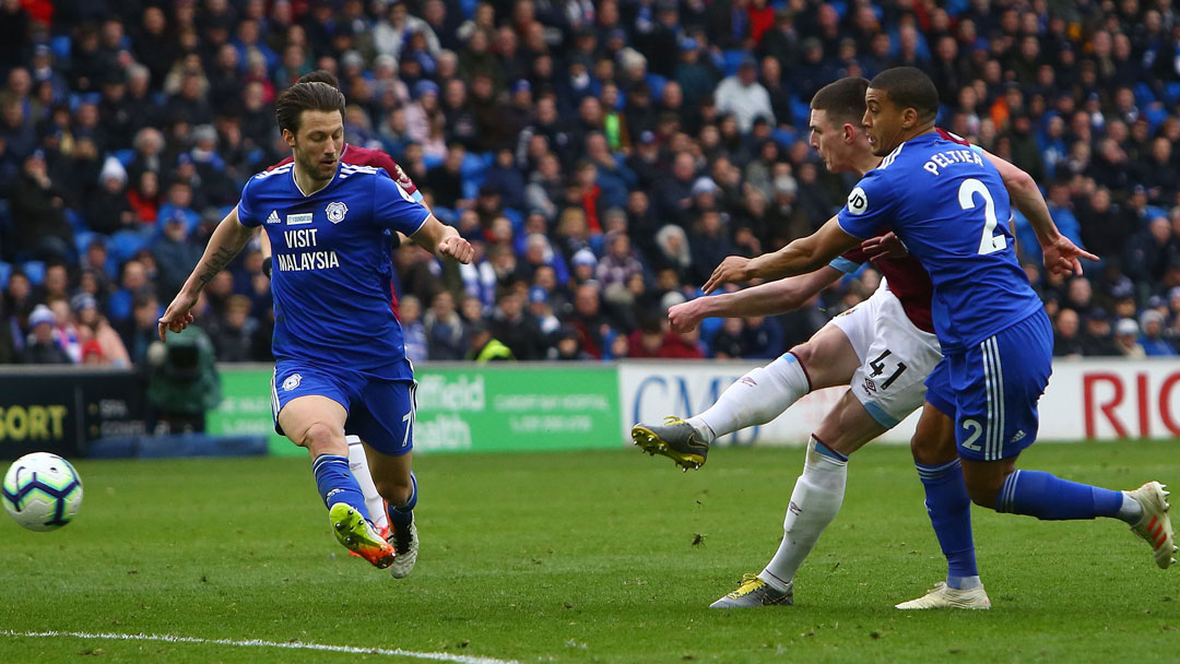 Declan Rice hit the base of the post with a long-range shot at Cardiff City Stadium